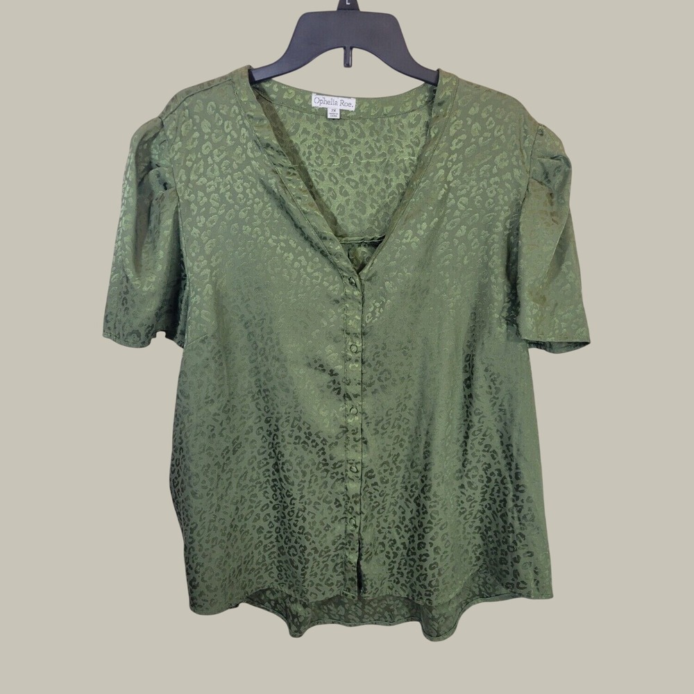 Ophelia Roe Blouse Animal Print Puff Sleeve Satin Button Down Olive Green Top 2X